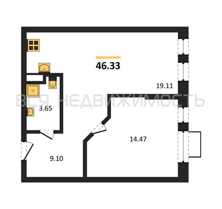 1-комнатная квартира, 46.33кв.м - изображение