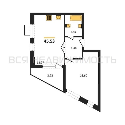1-комнатная квартира, 45.53кв.м - изображение