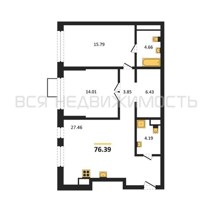 2-комнатная квартира, 76.39кв.м - изображение