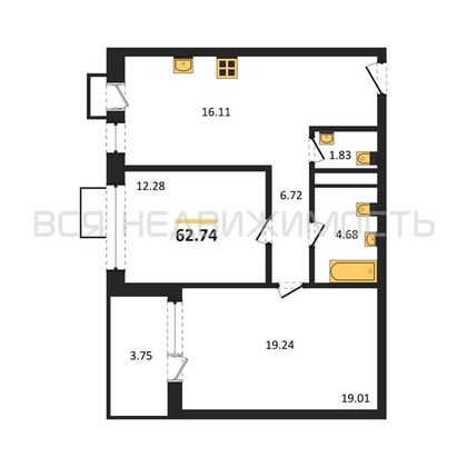 2-комнатная квартира, 62.74кв.м - изображение