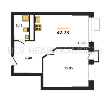 1-комнатная квартира, 42.73кв.м - изображение