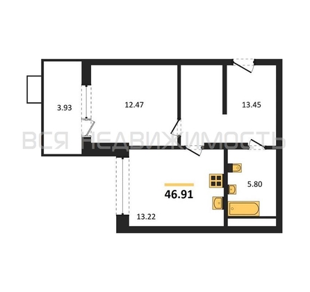 1-комнатная квартира, 46.91кв.м - изображение