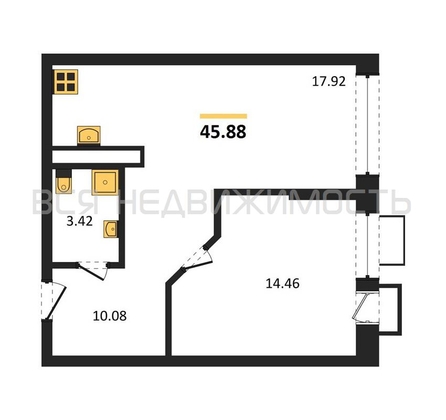 1-комнатная квартира, 45.88кв.м - изображение