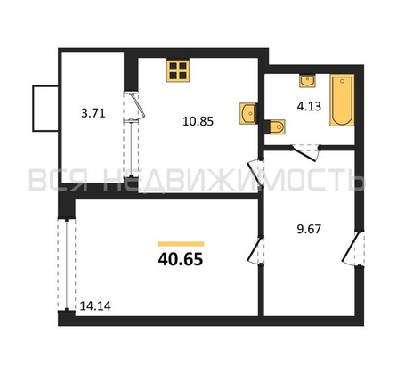 1-комнатная квартира, 40.65кв.м - изображение