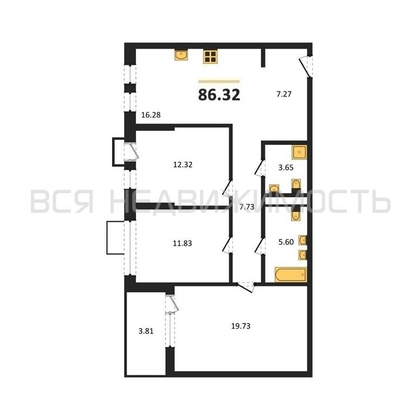 3-комнатная квартира, 86.32кв.м - изображение