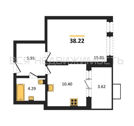 1-комнатная квартира, 38.22кв.м - изображение