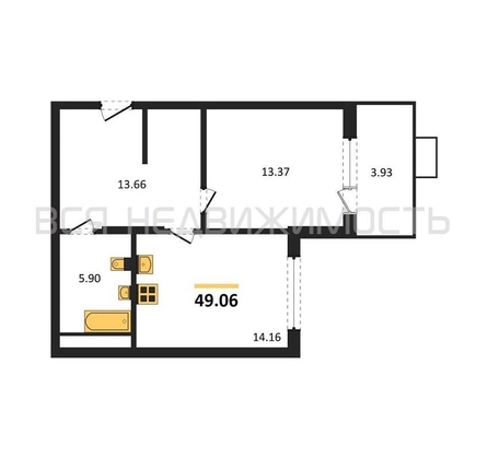 1-комнатная квартира, 49.06кв.м - изображение