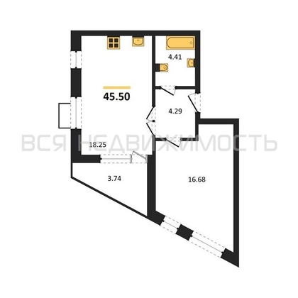 1-комнатная квартира, 45.5кв.м - изображение