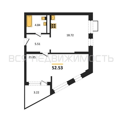 1-комнатная квартира, 52.53кв.м - изображение