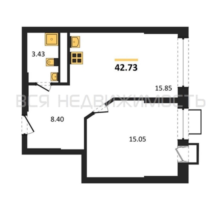 1-комнатная квартира, 42.73кв.м - изображение
