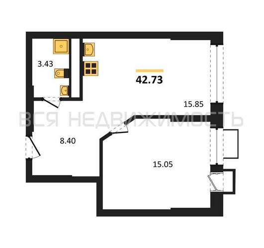 1-комнатная квартира, 42.73кв.м - изображение 0