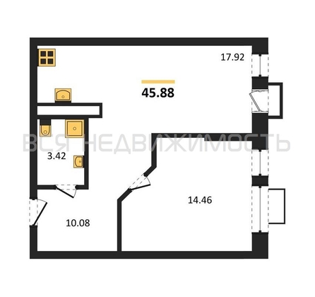 1-комнатная квартира, 45.88кв.м - изображение