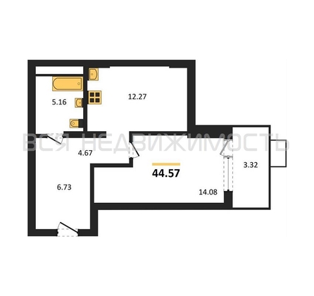 1-комнатная квартира, 44.57кв.м - изображение