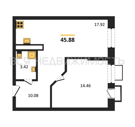 1-комнатная квартира, 45.88кв.м - изображение