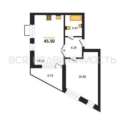 1-комнатная квартира, 45.5кв.м - изображение