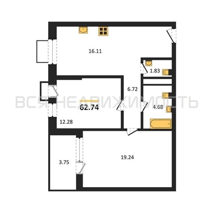 2-комнатная квартира, 62.74кв.м - изображение