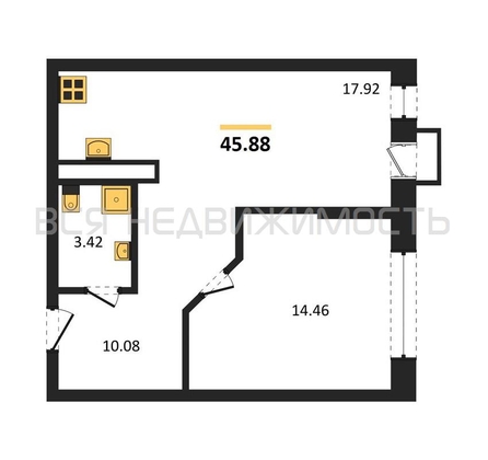 1-комнатная квартира, 45.88кв.м - изображение