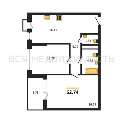 2-комнатная квартира, 62.74кв.м - изображение