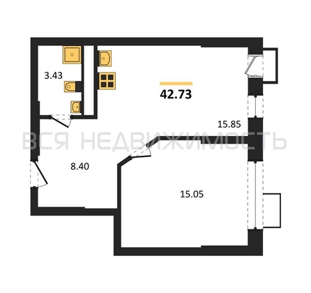 1-комнатная квартира, 42.73кв.м - изображение