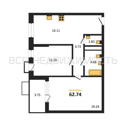 2-комнатная квартира, 62.74кв.м - изображение