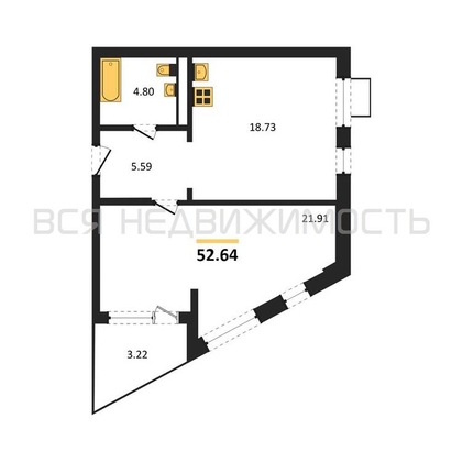 1-комнатная квартира, 52.64кв.м - изображение