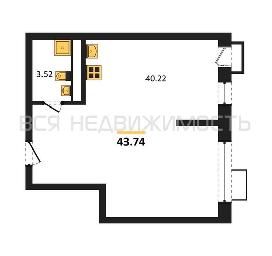 квартира-студия, 43,74кв.м. - изображение 0