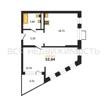 1-комнатная квартира, 52.64кв.м - изображение