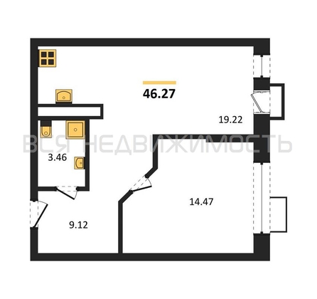 1-комнатная квартира, 46.27кв.м - изображение