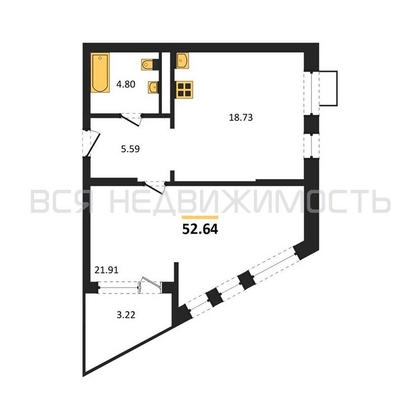1-комнатная квартира, 52.64кв.м - изображение
