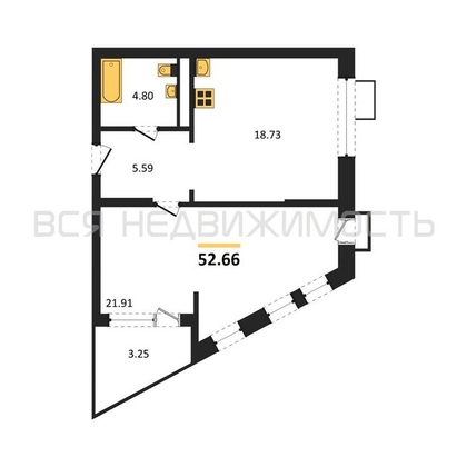 1-комнатная квартира, 52.66кв.м - изображение