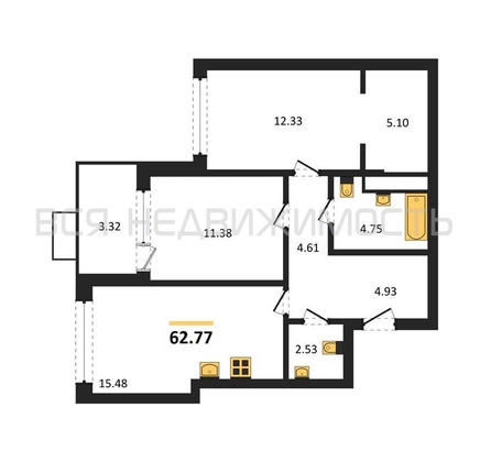 2-комнатная квартира, 62.77кв.м - изображение