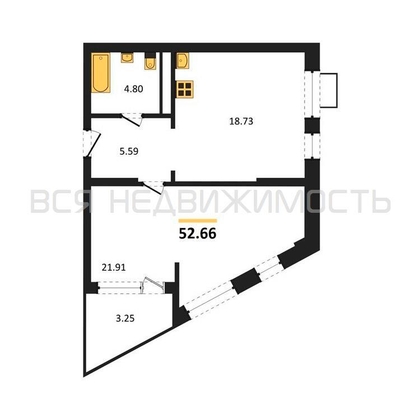 1-комнатная квартира, 52.66кв.м - изображение