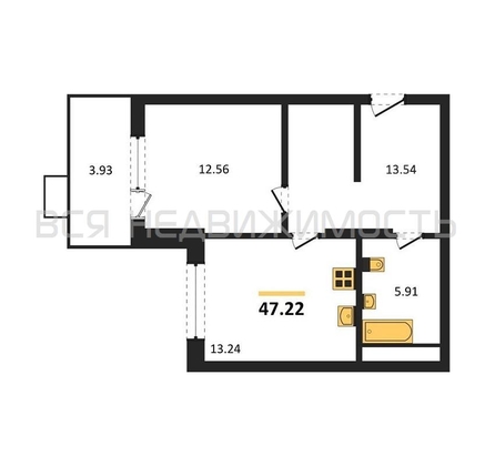 1-комнатная квартира, 47.22кв.м - изображение
