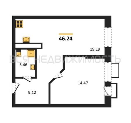 1-комнатная квартира, 46.24кв.м - изображение