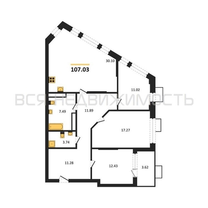 3-комнатная квартира, 107.03кв.м - изображение