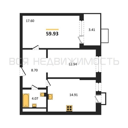 2-комнатная квартира, 59.93кв.м - изображение