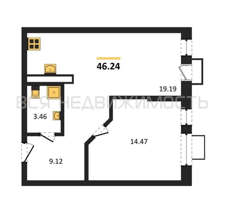 1-комнатная квартира, 46.24кв.м - изображение