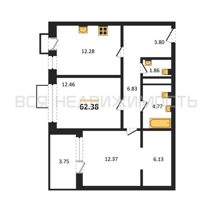 2-комнатная квартира, 62.38кв.м - изображение