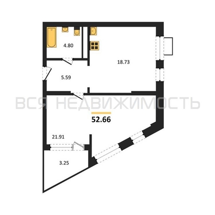 1-комнатная квартира, 52.66кв.м - изображение