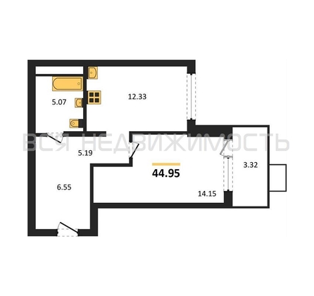 1-комнатная квартира, 44.95кв.м - изображение