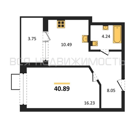 1-комнатная квартира, 40.89кв.м - изображение