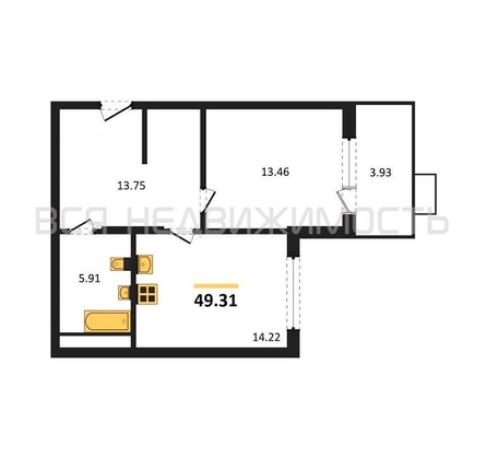 1-комнатная квартира, 49.31кв.м - изображение
