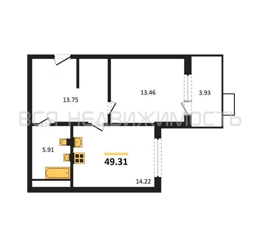 1-комнатная квартира, 49.31кв.м - изображение 0