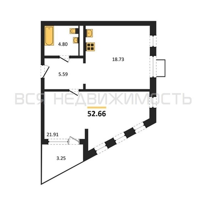 1-комнатная квартира, 52.66кв.м - изображение