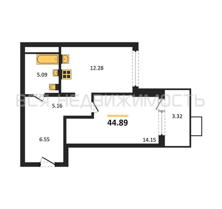 1-комнатная квартира, 44.89кв.м - изображение