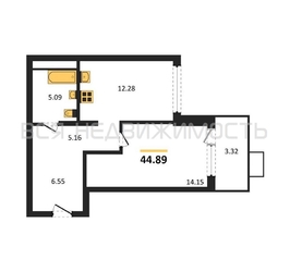 1-комнатная квартира, 44.89кв.м 1-комнатная квартира, 44.89кв.м - изображение 1
