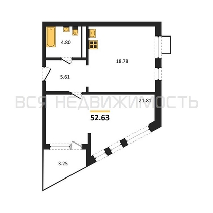 1-комнатная квартира, 52.63кв.м - изображение