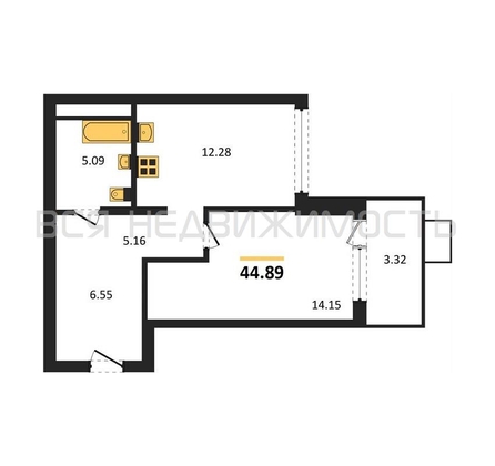 1-комнатная квартира, 44.89кв.м - изображение