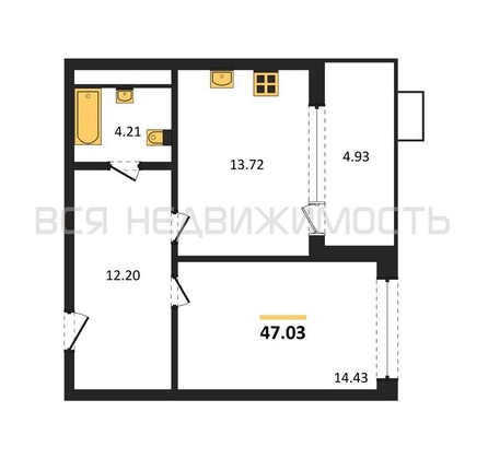 1-комнатная квартира, 47.03кв.м - изображение