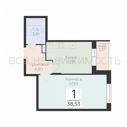 1-комнатная квартира, 38.53кв.м - изображение 0